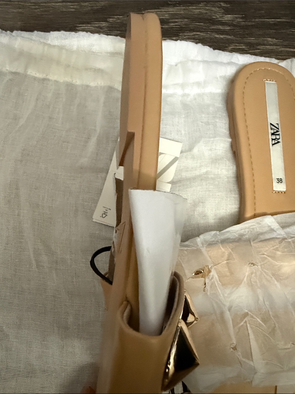 Zara Tan Slide Sandals with Gold Studs - Picture 3 of 3